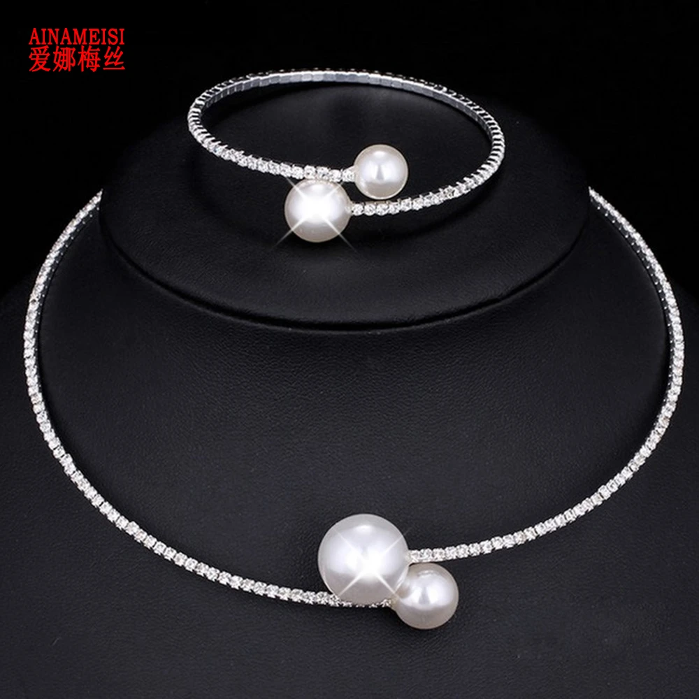 AINAMEISI Fashion Simple Simulated Pearl Bridal Jewelry sets Adjustable Necklace Bracelet For Women Crystal Wedding Jewelry Gift