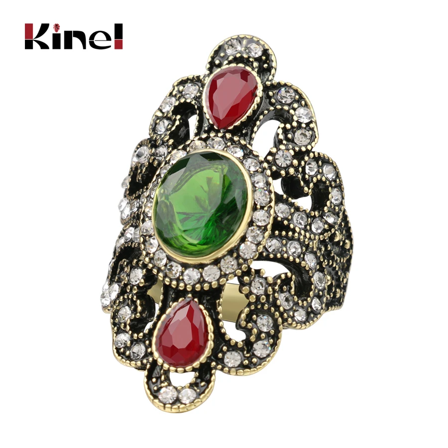 Kinel Women Bohemian Jewelry Ancient Bronze Rings For Gift Vintage Jewelry Black Red Resin Stone Turkish Female Ethnic Rings
