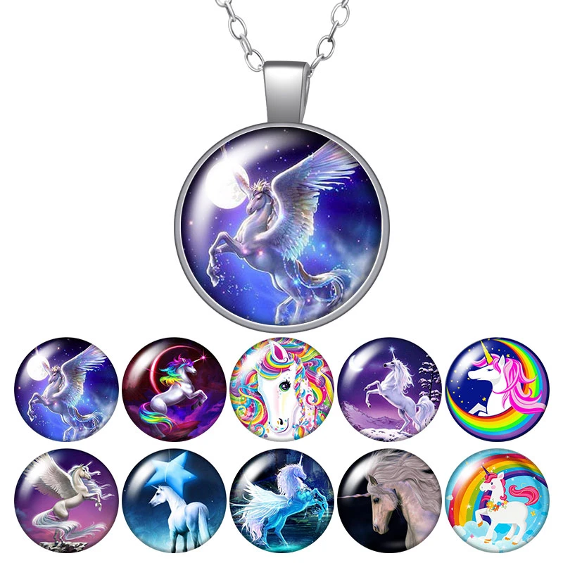 Beauty Magic Unicorn pure Love Cartoon Photo Silver color/Bronze Pendant Necklace Glass Cabochon Woman Man Jewelry Gift 50cm