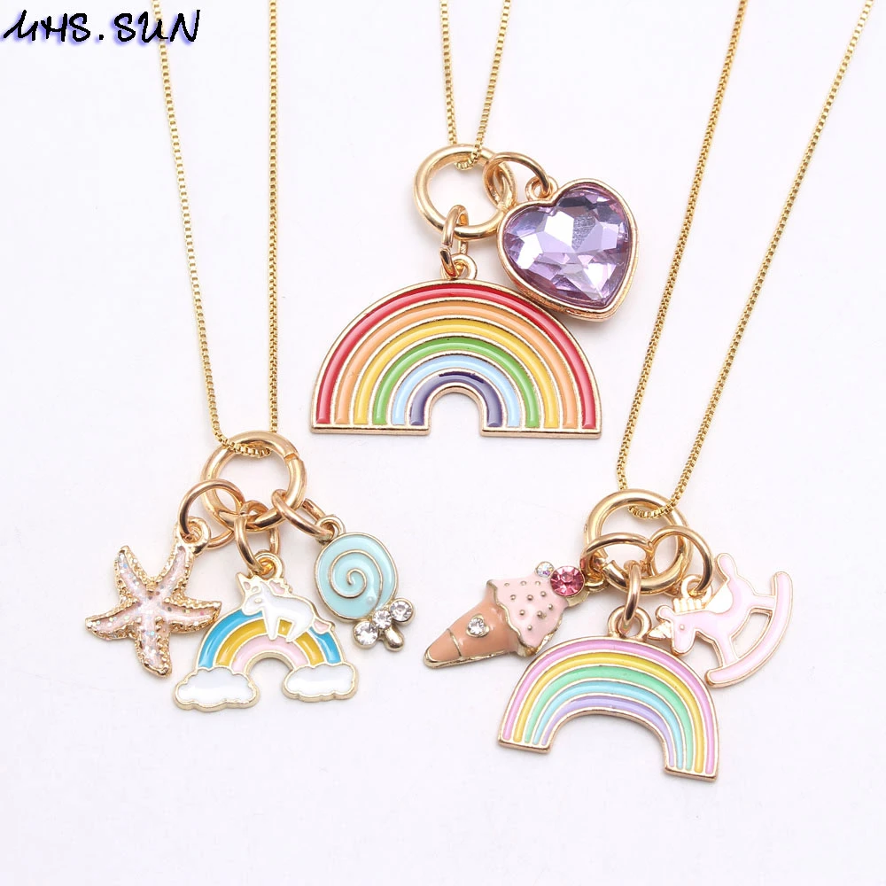 MHS.SUN Fashion Rainbow Heart Starfish Pendants Necklace Kids Girls Charming Pendant Long Chain Necklace Cute Jewelry For Child