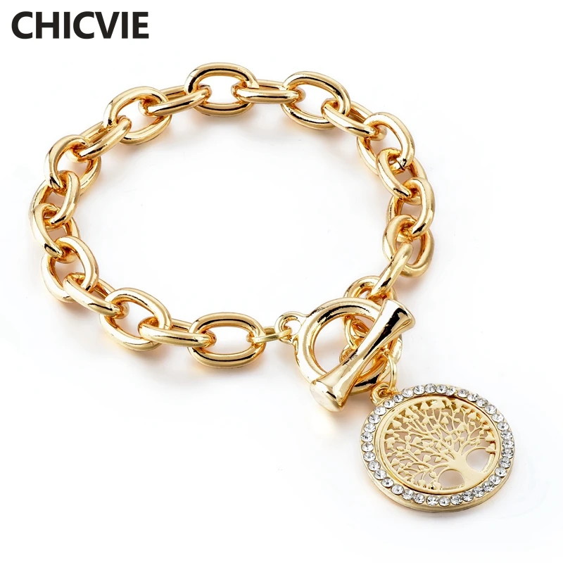 CHICVIE New Fashion Gold color Round shape Charm Tree Of Life Bracelets&Bangles Designs For Women Bracelets SBR180157