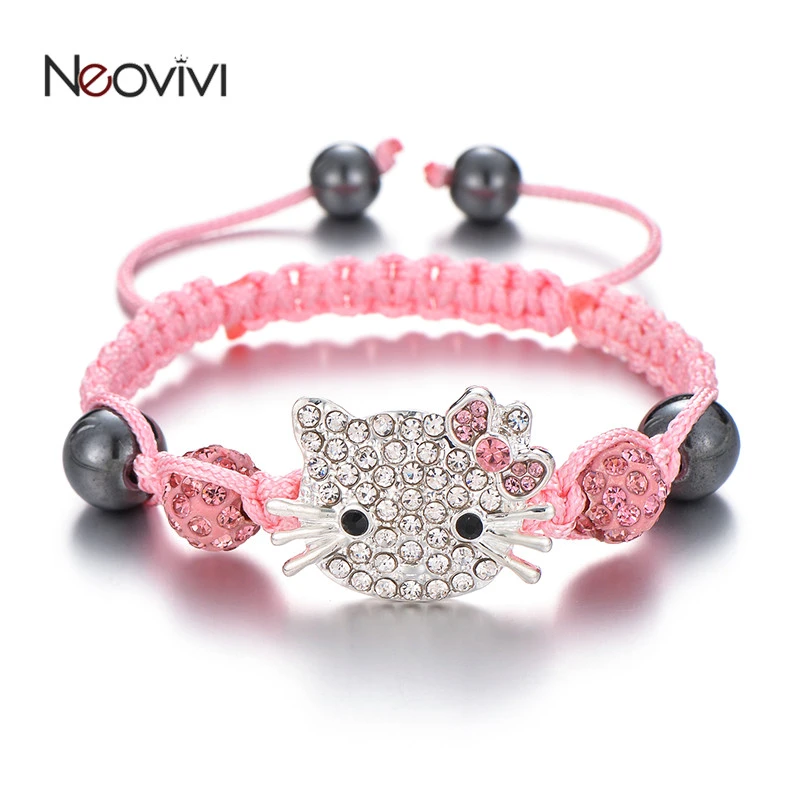 Neovivi Lovely Kids Bracelet Cat Charm Rhinestone Round Crystal Bead Multi-Color String Braiding Bracelets DIY Children Jewelry