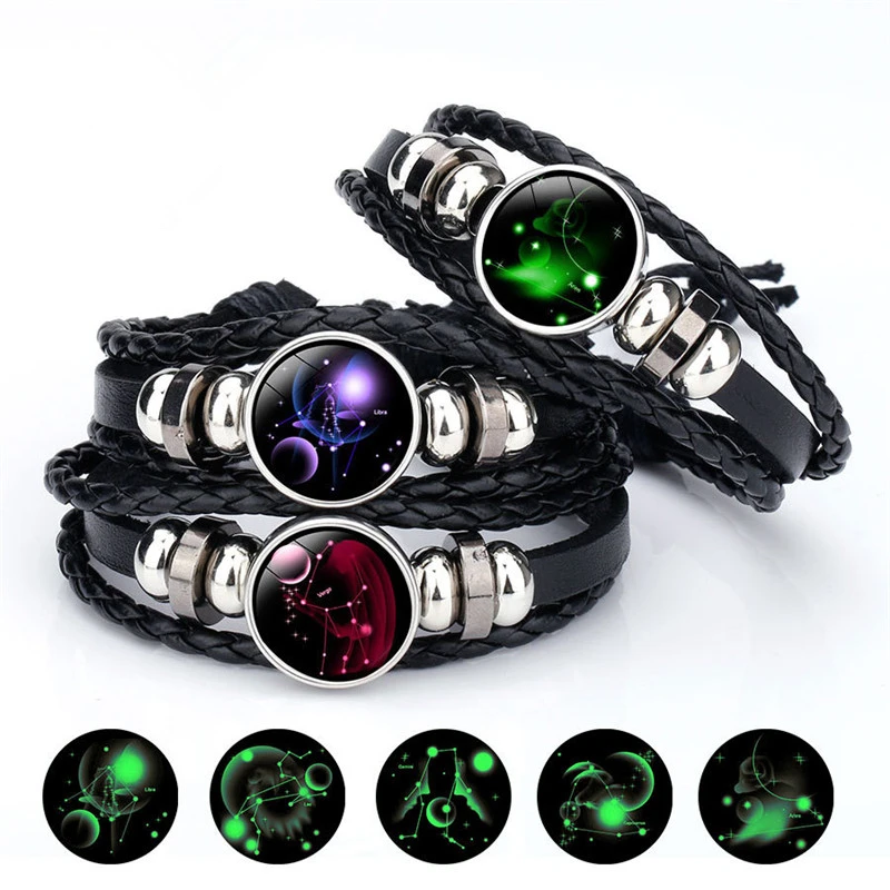 Charm Luminous 12 Constellations Leather Bracelet Zodiac Sign With Beads Bangle Bracelets For Men Glow In The Darkness Jewelry