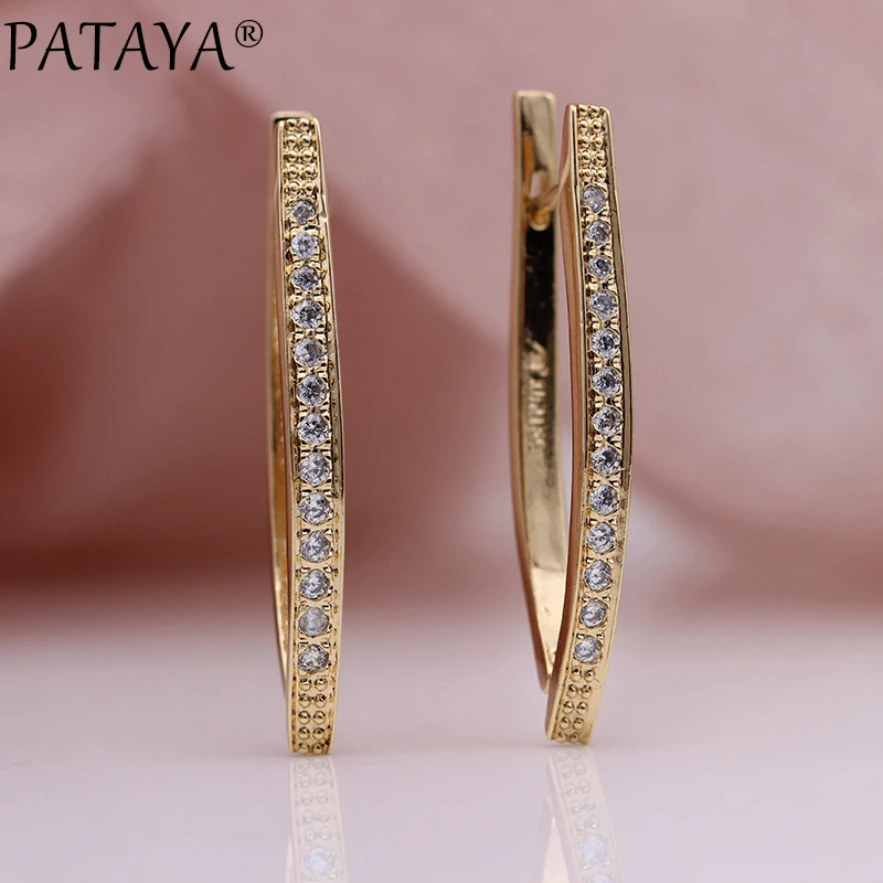 PATAYA New V Shape Long Earrings For Women 585 Rose Gold Natural Zircon Dangle Earrings Girl Wedding Party Glossy Fine Jewelry