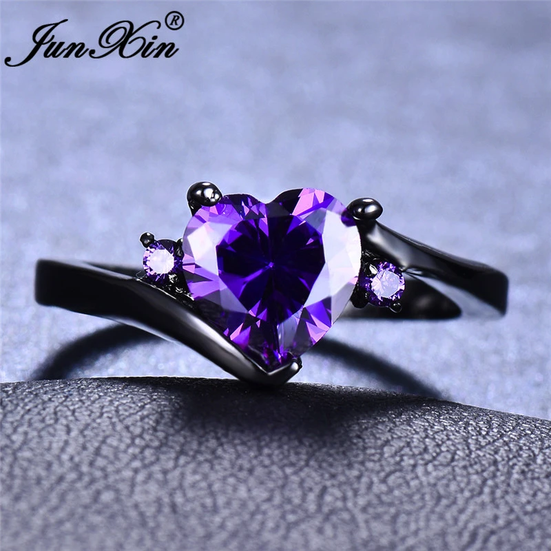 JUNXIN Rainbow Zircon Heart Rings For Women White Gold/Black Gold Filled Purple Blue White Blue Fire Opal Ring Female Wedding CZ