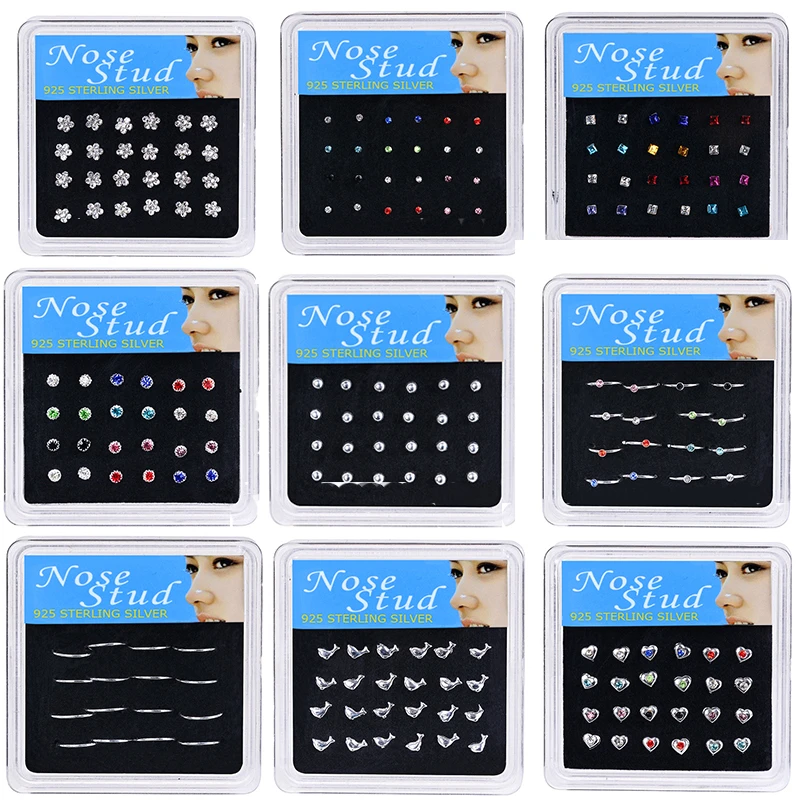 WALERV 24PCS Crystal Zirconia Nose Studs Women Multiple Styles Nose Piercing Flower Crown Ball End Nose Nail Wholesale