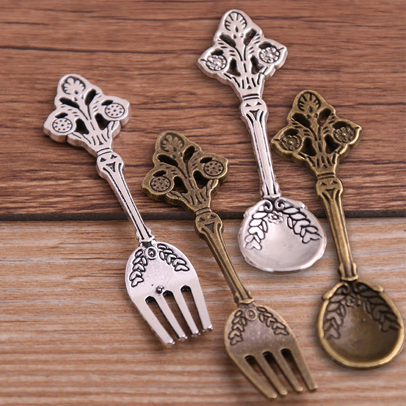 6PCS Mixed Two Colors Trendy Flowers Vintage Fork Spoon Tableware Pendants Charms For Jewelry Making Charm