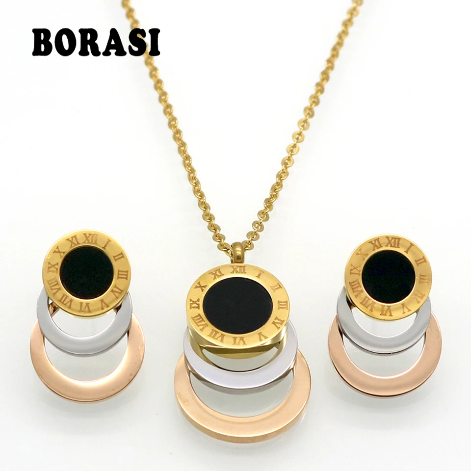 Consist 3 Colour Stainless Steel Jewelry Stes Brand Women Earrings & Necklace Jewelry Set For Female