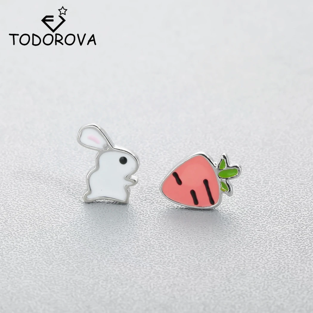Todorova Cute Animal Bunny Rabbit Carrot Stud Earrings for Women Enamel Asymmetry Creative Cartoon Ear Jewelry for Child Girls