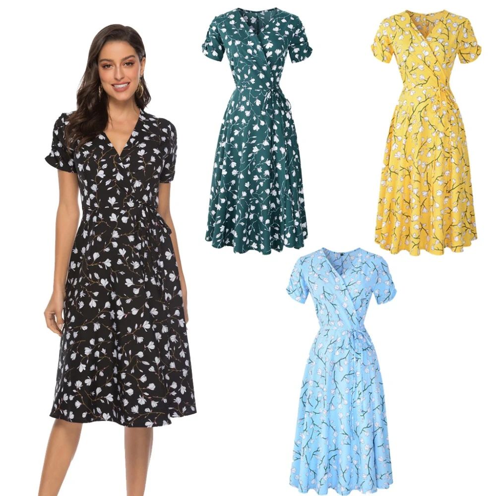 2021 New Summer Dress Women Boho Beach Dresses Casual Short Sleeve Chiffon Print Vintage Midi Dress Female Elegant Robe Vestidos