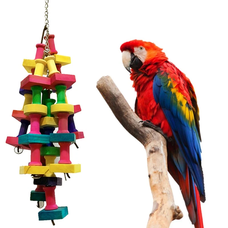 Parrot Building Blocks Toys Wood Ladder Macaw Rainbow Bite String Toys Chewing Swing Toy For Small Medium And Large Parrots