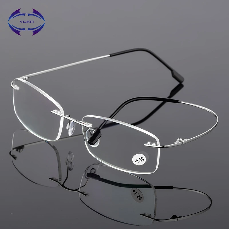 VCKA Rimless Reading Glasses Men Titanium Alloy Fold  Women Square Eyeglasses Presbyopic Frameless Eyewear +1.0 +1.5 +2.0 +2.5