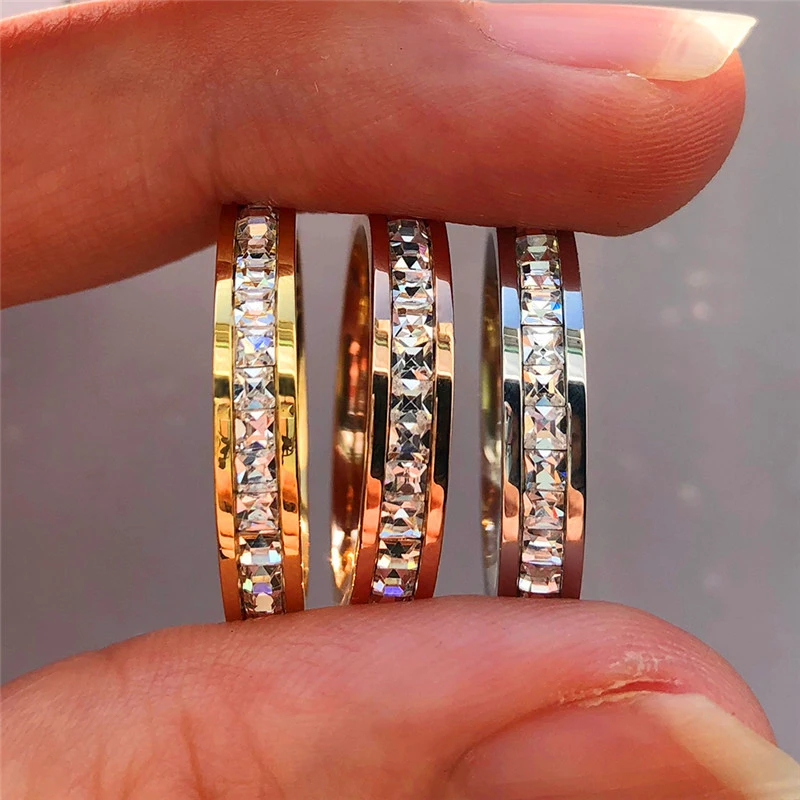 Boho Female Crystal CZ Stone Ring Vintage Stainless Steel Women Wedding Rings Fashion Promise Yellow Gold Engagement Ring