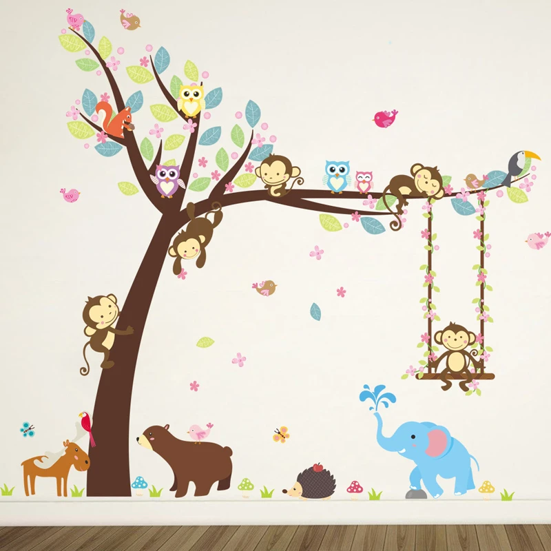 Forest Animals wall sticker Monkey Bear Tree for kids room Children Wall Decal Nursery Bedroom Decor Poster Mural stickers