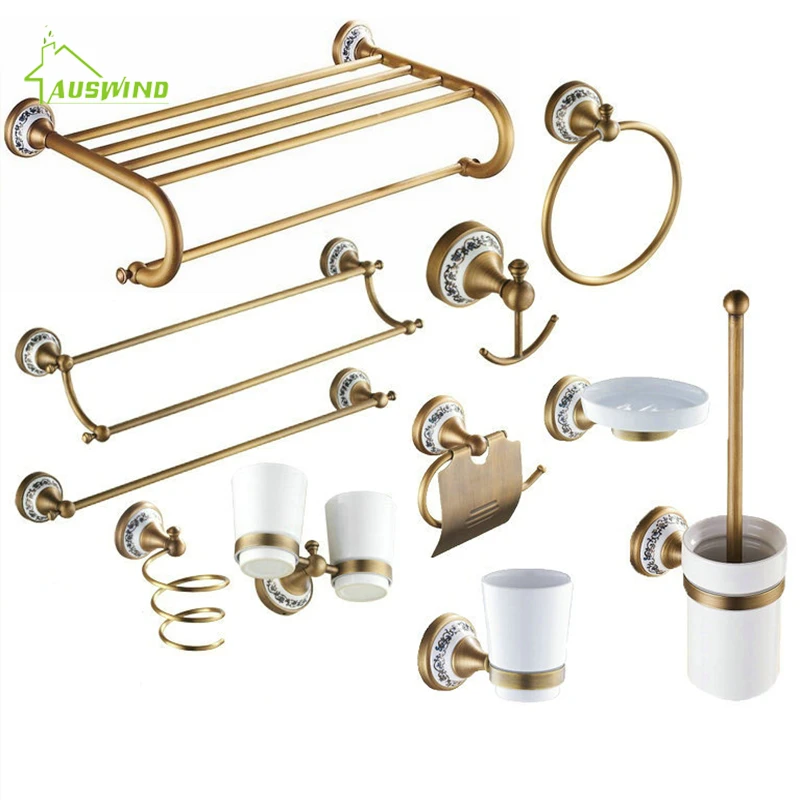 AUSWIND Antique Brushed Brass Porcelain Base Bathroom Hardware Set Bronze Ceramic Bathroom Products with Flower Decoration