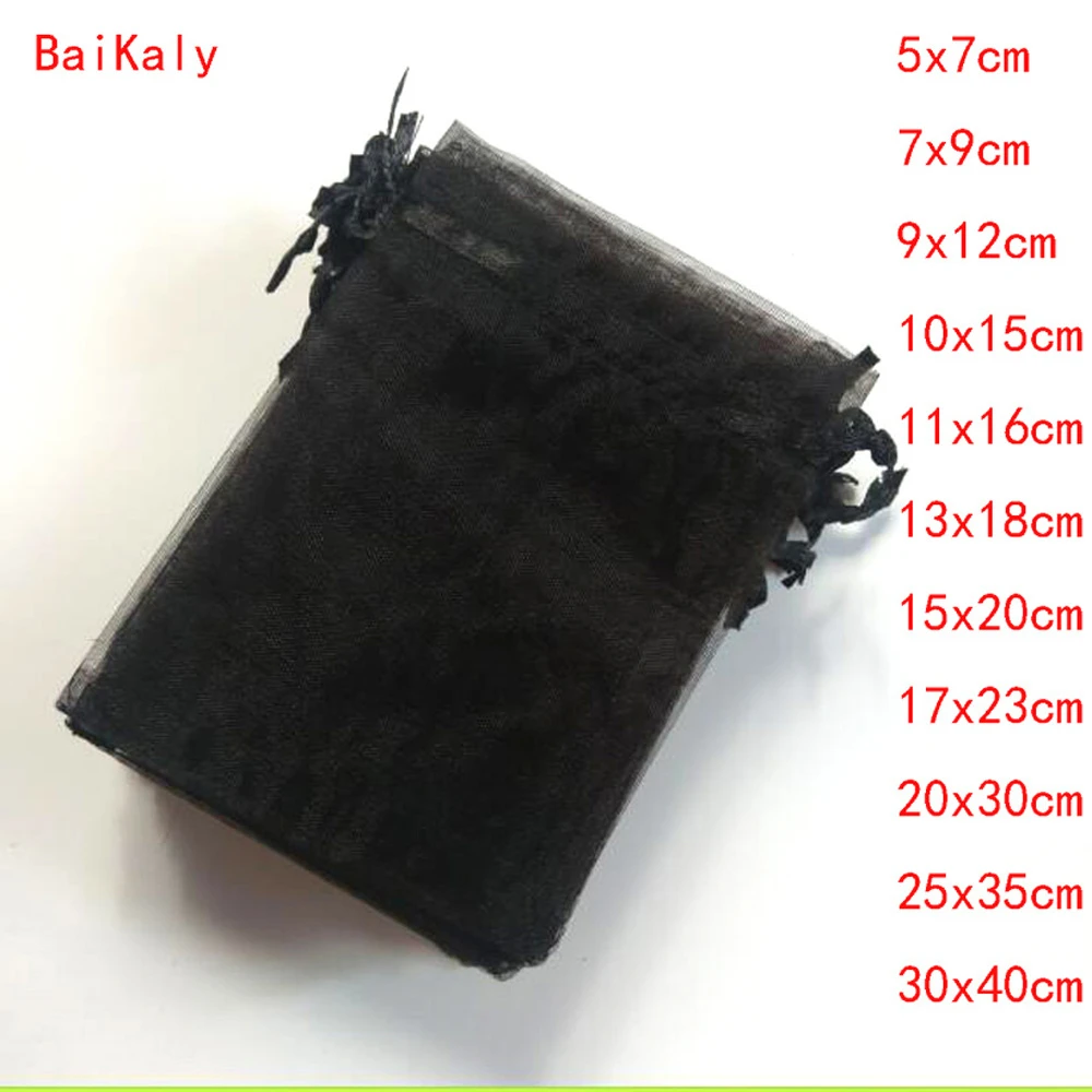 Household 100pcs Drawable Black Small / Big Organza Bags Favor Wedding Party Christmas Gift Bag Jewelry Packaging Bags Pouches