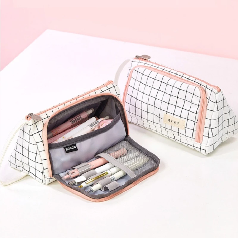 Pencil Case Stationery Bag Pen Holder School Supplies Office College Student Girl BagChristmas Gift White Plaid Stationary Pouch