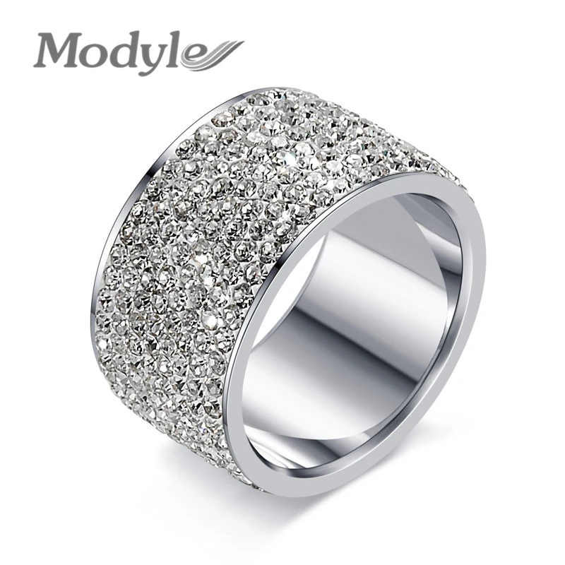 Modyle Fashion Full Crystal Big Wedding Rings For Women Romantic Stainless Steel Ring Bague Femme Gold-Color Ring Female