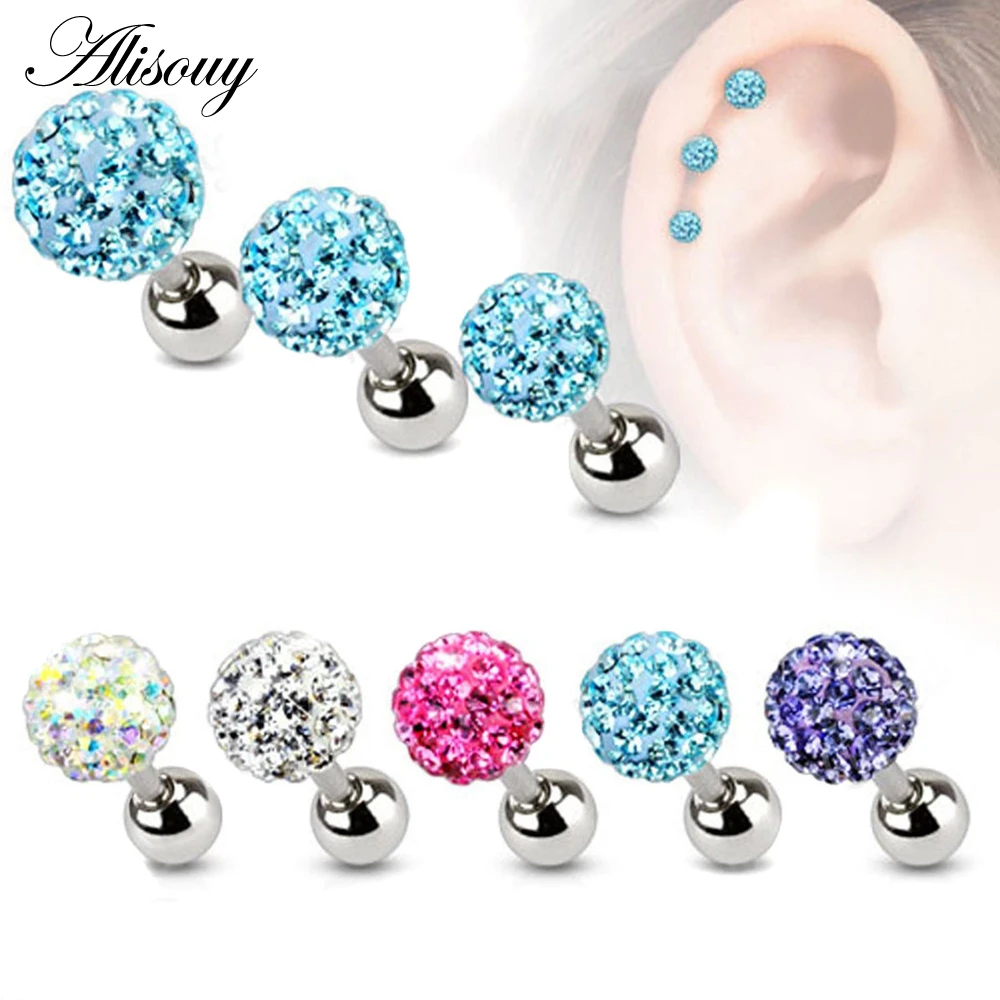 Alisouy 2PCS 3 4 5mm Trendy Crystal Ball Earrings Surgical Steel Ear Plugs Women's Ear Studs Screw back Body Piercings  Jewelry