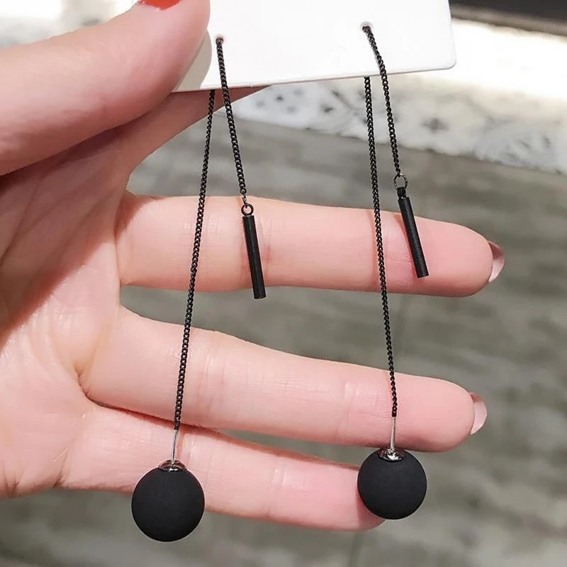 Dominated new 2019 long tassels black joker contracted metal ball Drop earrings Women temperament Jewelry