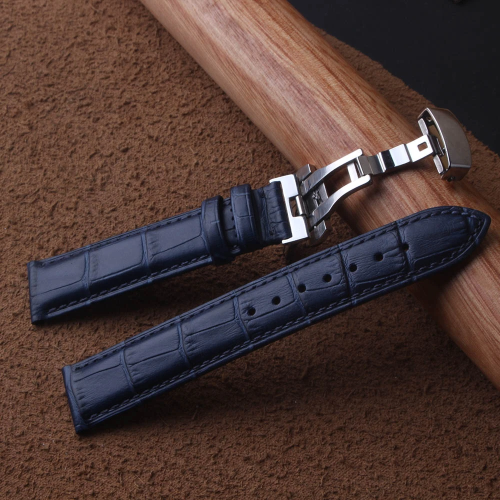 High quality Leather Genuine Watchbands straps dark blue silver butterfly buckles clasp 14mm 15mm 16mm 17mm 18mm 19mm 20mm 22mm