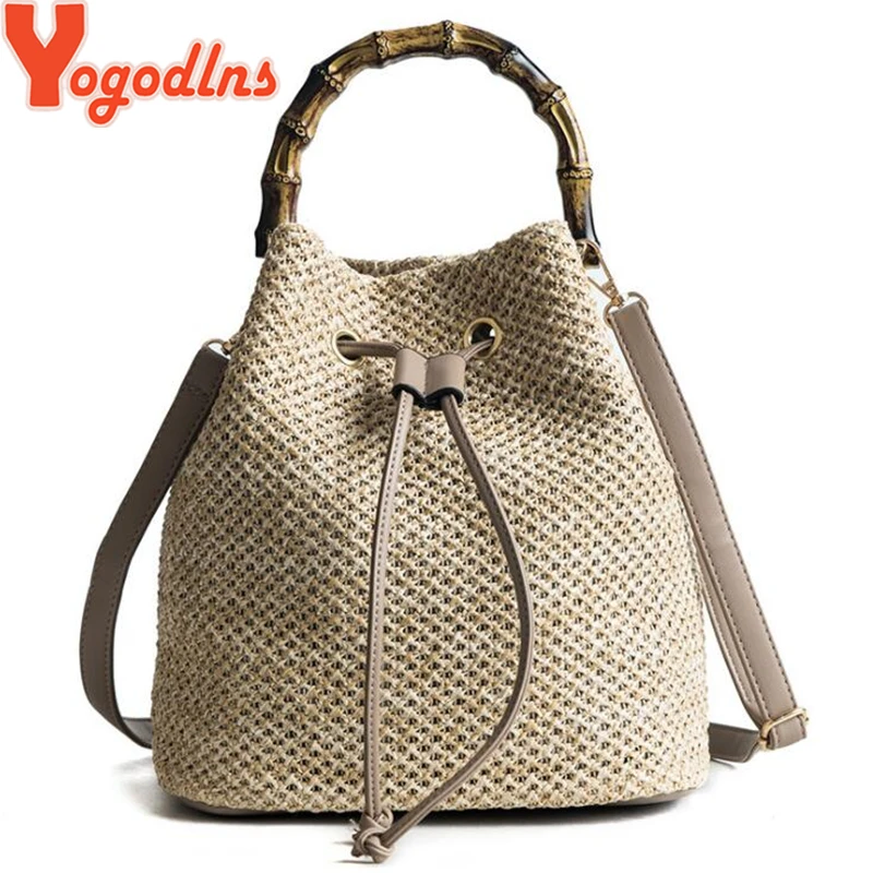 Yogodlns Handmade Women Summer Beach Straw Bags Bucket Crossbody Shoulder Bags Female Rattan Messenger Bag Hard Top-handle Bag