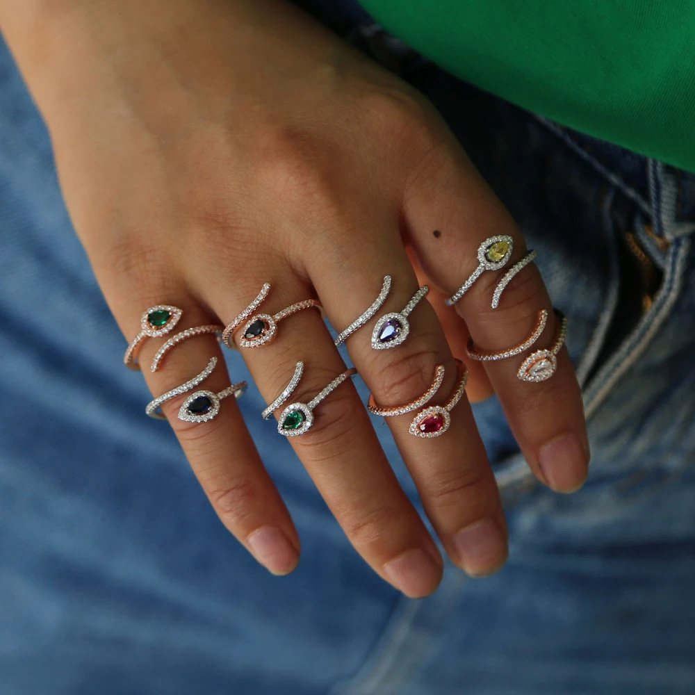 ZHOUYANG Rings For Women Unique Snake Shaped Multicolor Water Drop Zircon 2 Color Adjustable Open Ring Fashion Jewelry KAR380