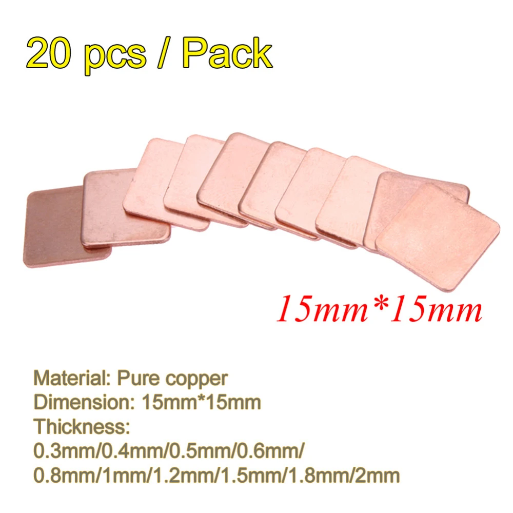 20 pcs/pack 15mmx15mm 0.3mm 0.4mm 0.5mm 0.6mm 0.8mm 1mm Thick Heatsink Copper Shim Thermal Pads for Laptop IC Chipset GPU CPU