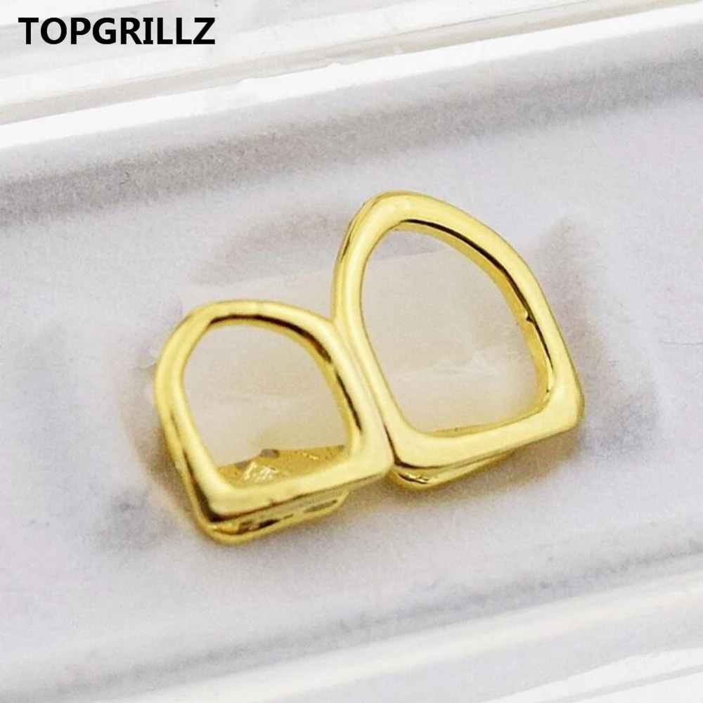 TOPGRILLZ Hollow Open Face Double Tooth Grillz Yellow Gold Color Plated Top Two Right Canine Teeth Grills Caps