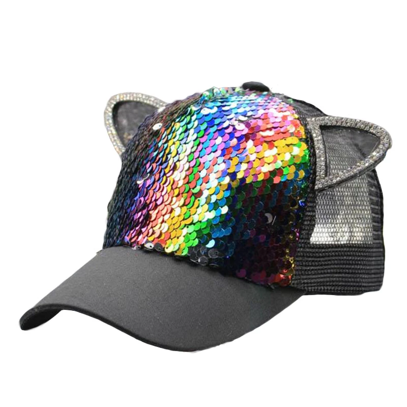 2019 Summer Girls Hat Baseball Cap Sequins Ear Parent-Child Mesh Cap Adjustable Snapback Kids Casual Hip Hop Cap