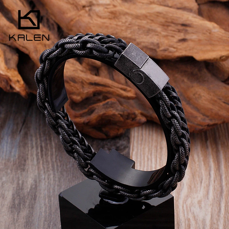 KALEN Matte 316 Stainless Steel Double Layer Link Chain Bracelets Men's Hip Hop Biker Hand Chain Bracelet Drop Shipping Jewelry