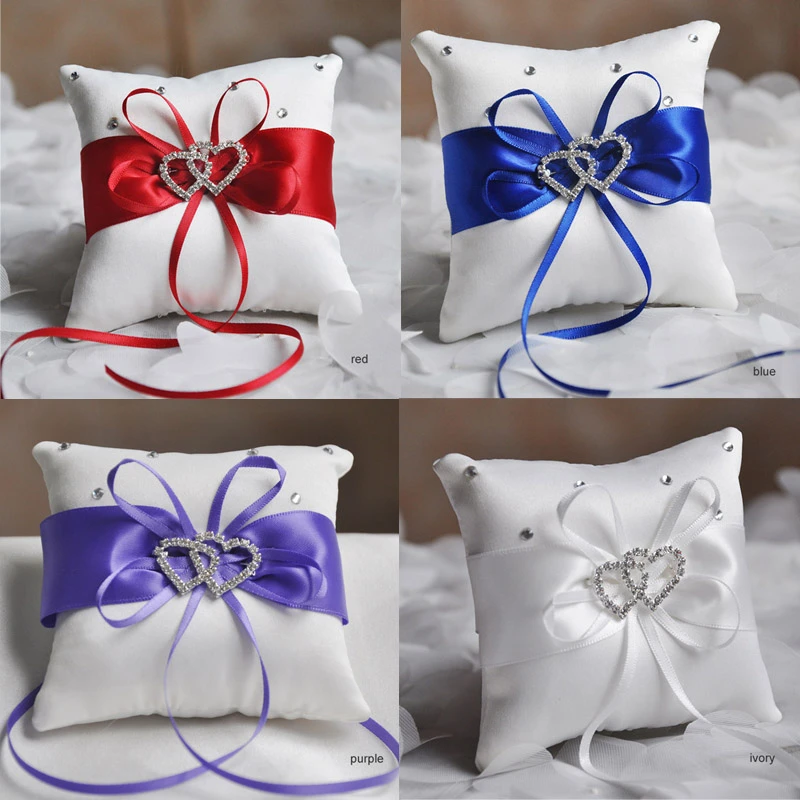 Drop Shipping European Wedding Decor Ring Pillow Double Heart White Red Blue Handmade Ribbon Bowknot Rhinestone Party Supplies