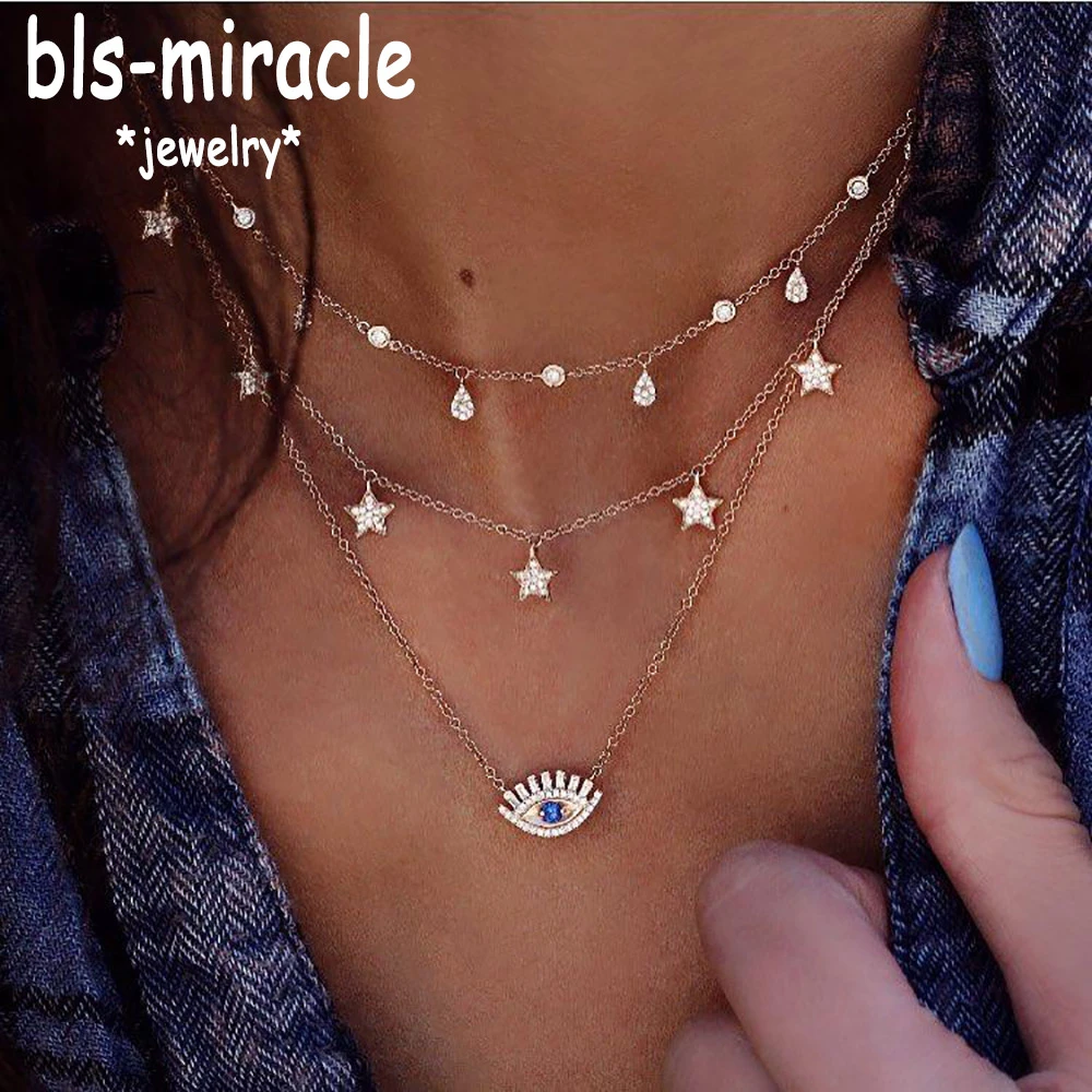 Bls-miracle Multilayer Necklace for Women Long Chain Turkish Eye Pendant Necklaces Trendy Crystal Star Water droplets Necklaces