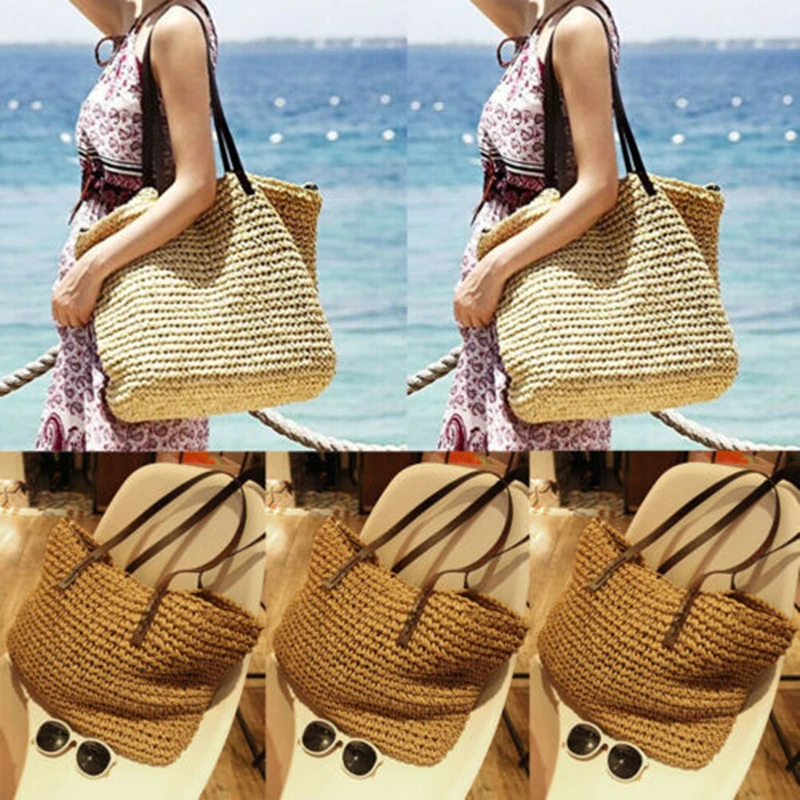 Women Lady Summer Beach Vintage Handmade Knitted Straw Rattan Bag Large Capacity Shoulder Bags