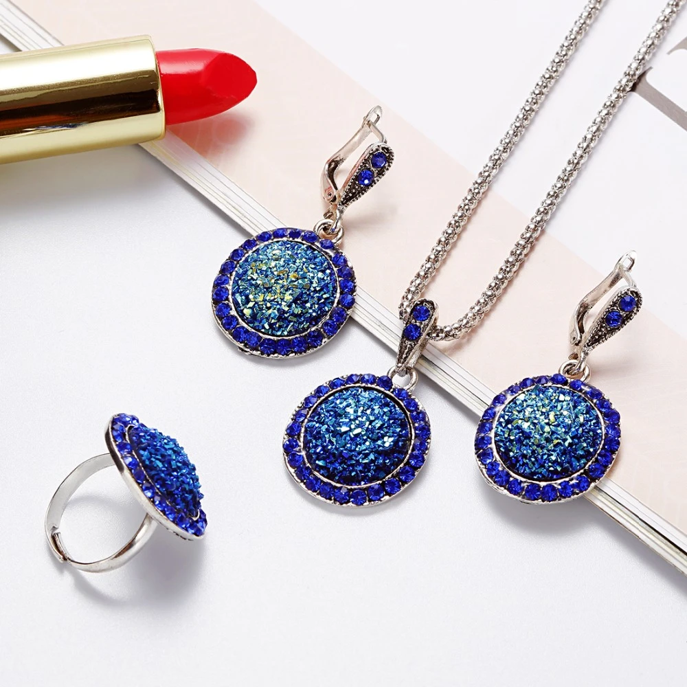 ZOSHI 3pcs Vintage Gem Jewelry Set Women Antique Silver Color Jewelry Set Crystal Round Broken Stone Necklace Earrings Sets