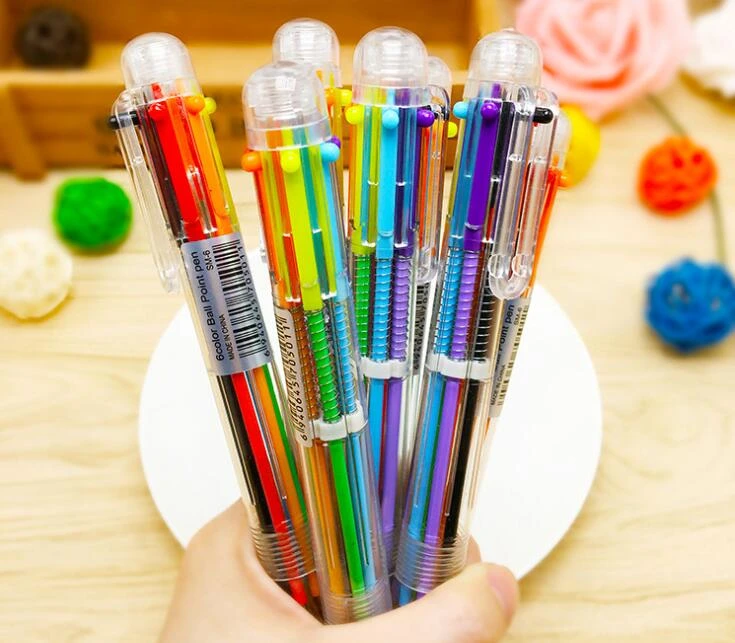2PCS Multi 6 Color In One Set Red Blue Black Ball Point Ballpoint Pen For Writing School Office Supplies Stationery Kids