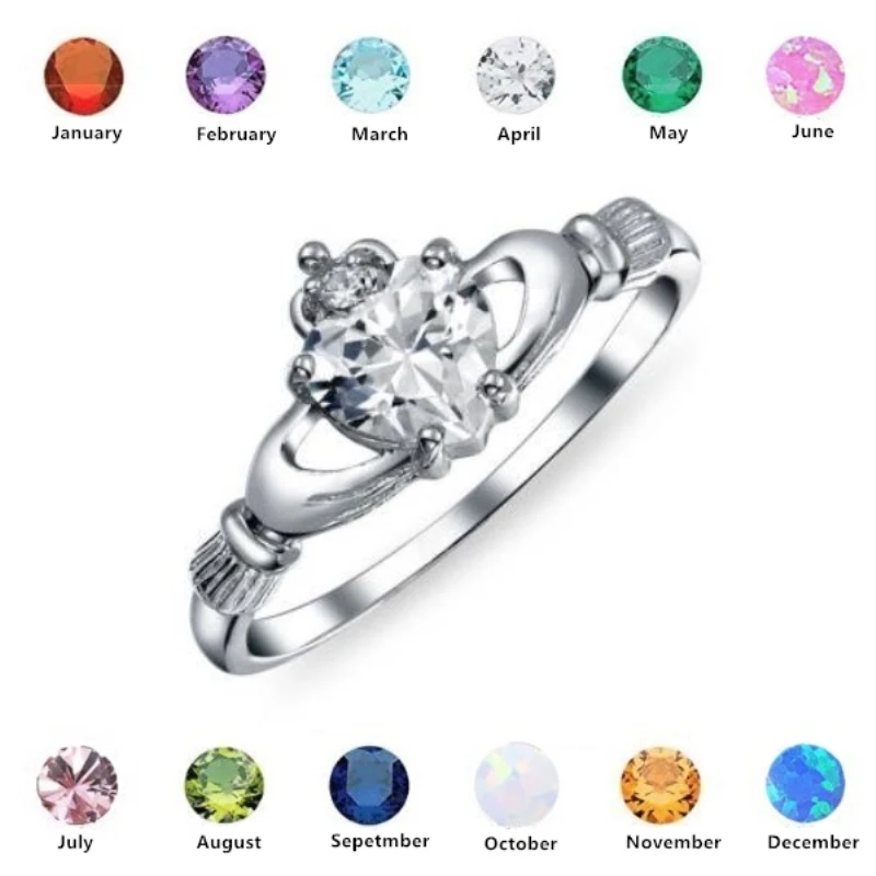 Huitan Love Heart Ring with Birthstone Silver Plated Irish Claddagh Wedding Engagement Rings for Women Best Christmas Lover Gift