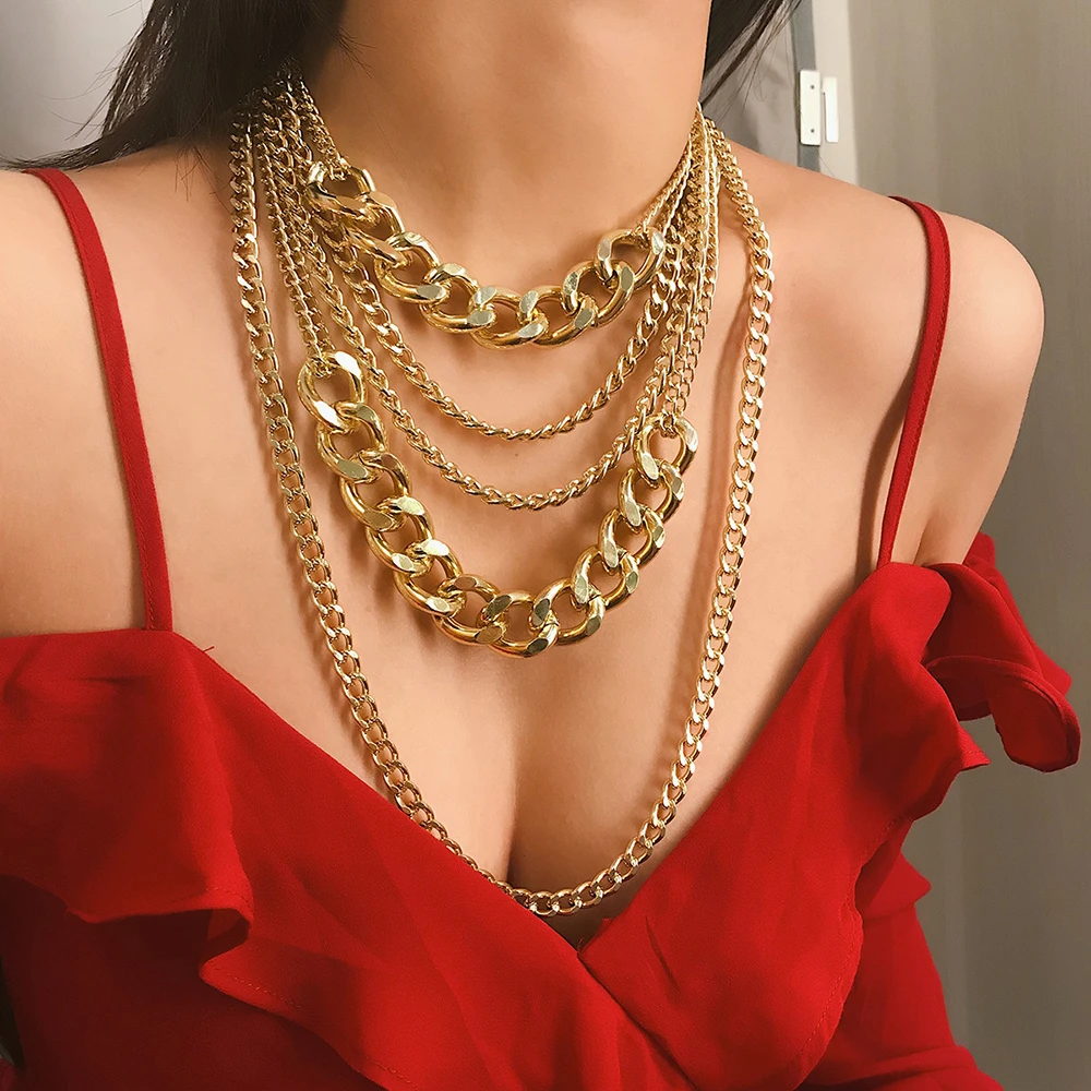 2019 Vintage Fashion Thick Chain Pendant Necklaces For Women Bohemian Gold Metal Multi Layer Necklace Jewelry Wholesale