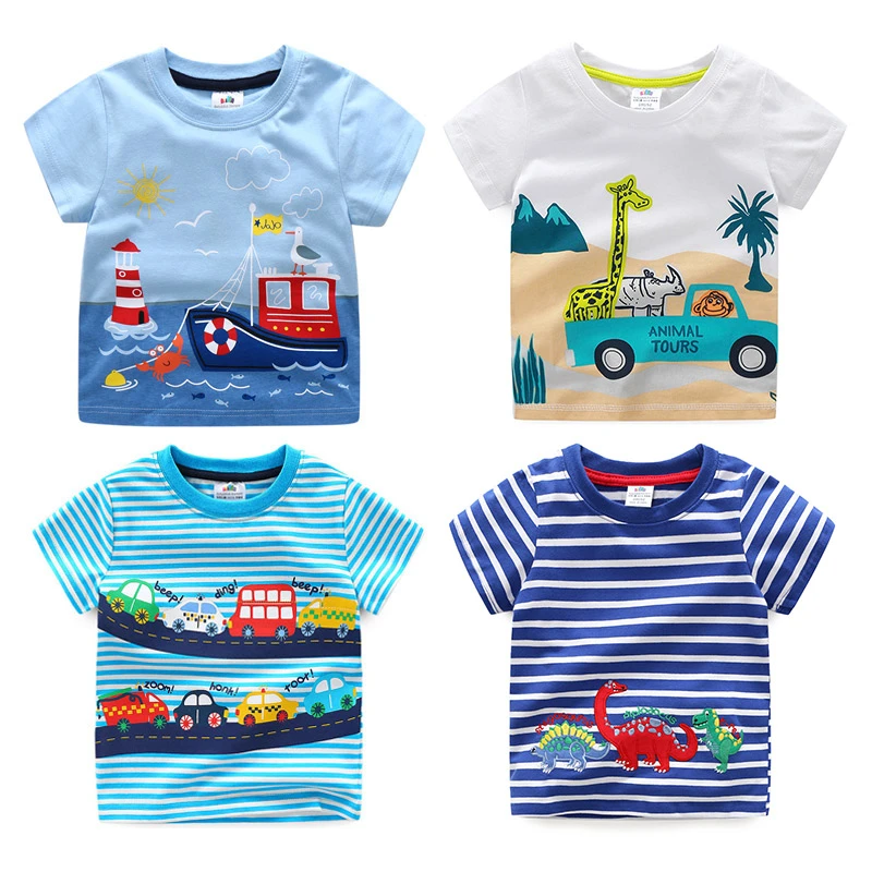 2021 Summer 2-10T Children'S Birthday Clothing Dinosaur Car Striped Print Short Sleeve Basic Tops Cartoon T Shirt For Kids Boy