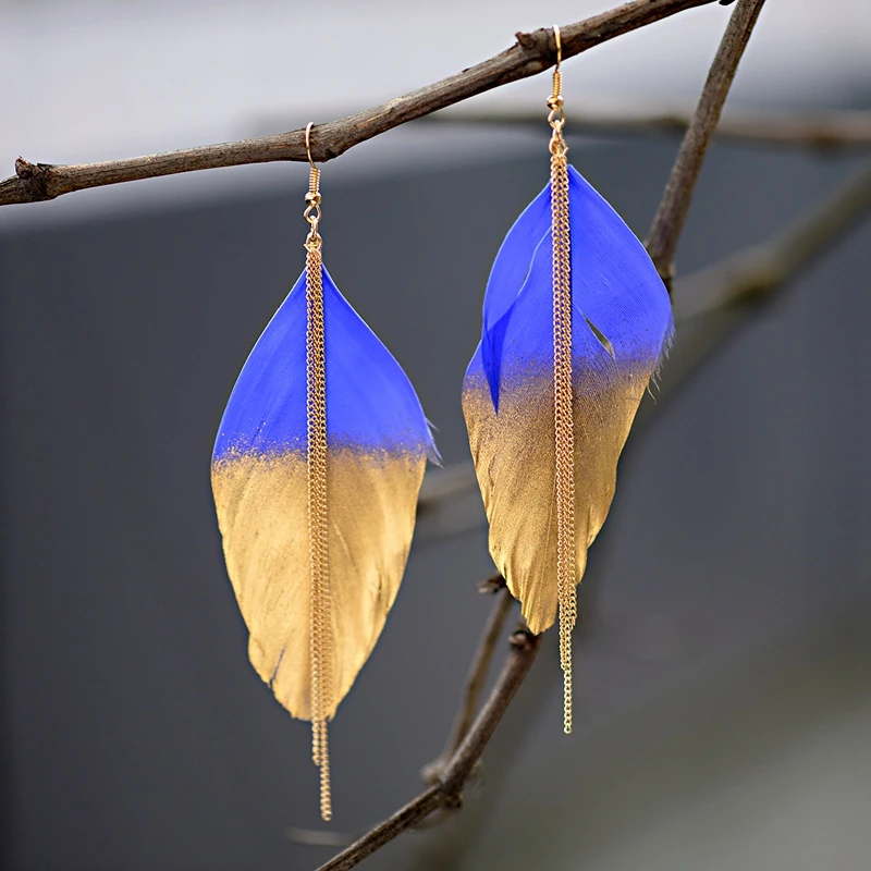 2019 Women's Gold&Blue Feather Earrings Long Chain Dangle Earrings Big Tribe Bohemia Drop Earrings Oorbellen Hangers HQE1065