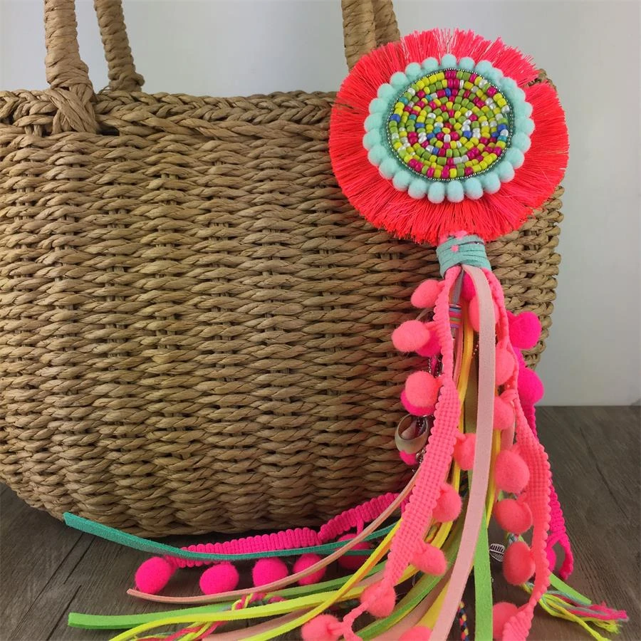 Leather Tassel With Colorful Pompons Handbag Accessorise Boho Style Keychains For Women Keyring Jewelry