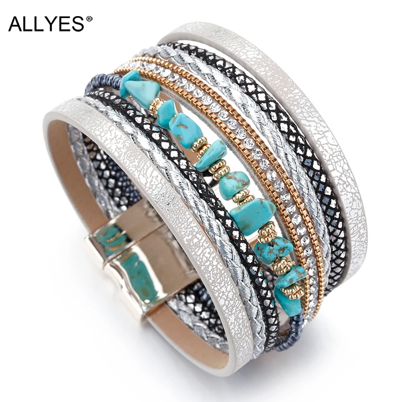 ALLYES Natural Stone Leather Bracelets For Women Luxury Brand Femme Boho Style Wide Multilayer Wrap Bracelet Female Jewelry