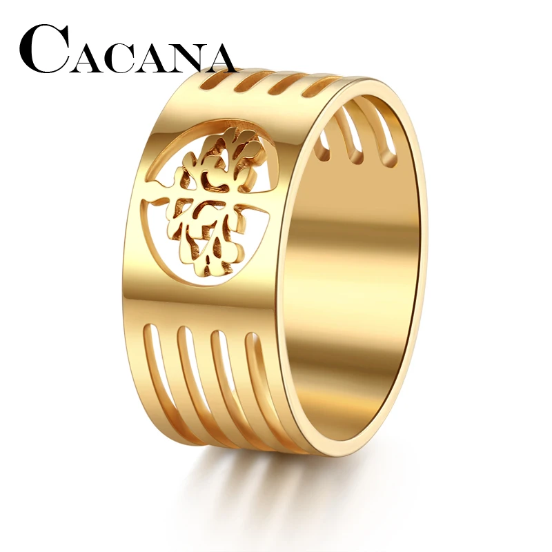 CACANA HIP Punk Gold Silver Color 316L Stainless Steel Wisdom Tree Rings For Men Jewelry FULL Size 7-11