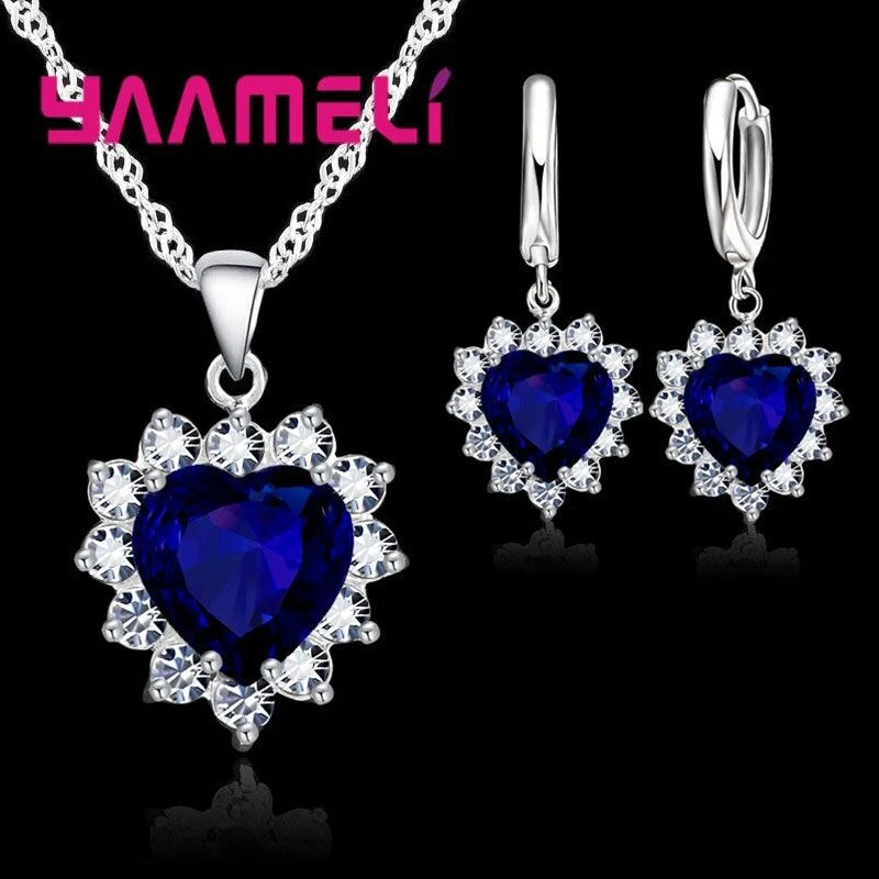 11.11 SALE Trendy 925 Sterling Silver Jewelry Set for Women Heart CZ Stone Charm Pendant Necklace Earrings LOVE Anniversary Gift
