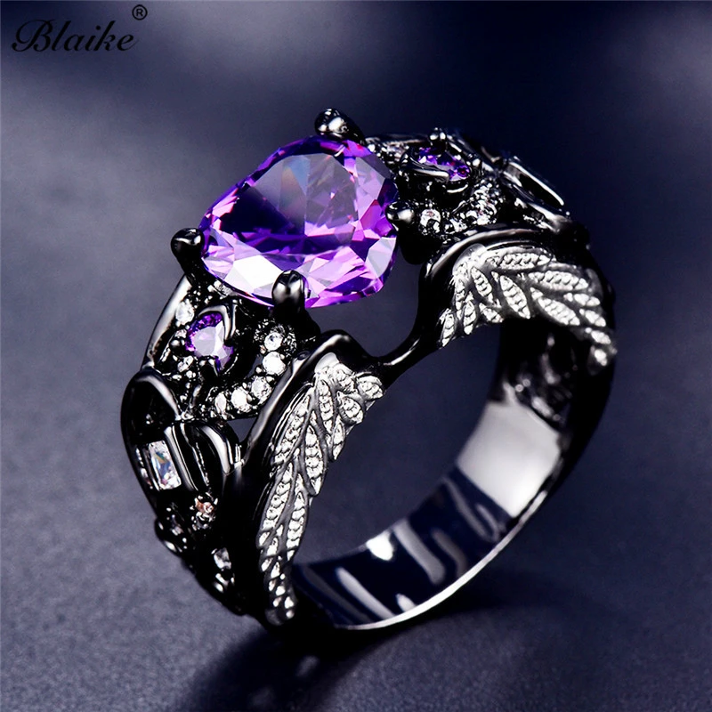 Blaike Luxury Angel Wings Purple Heart Ring Fashion Black Gold Filled AAA Zircon Birthstone Finger Jewelry For Women