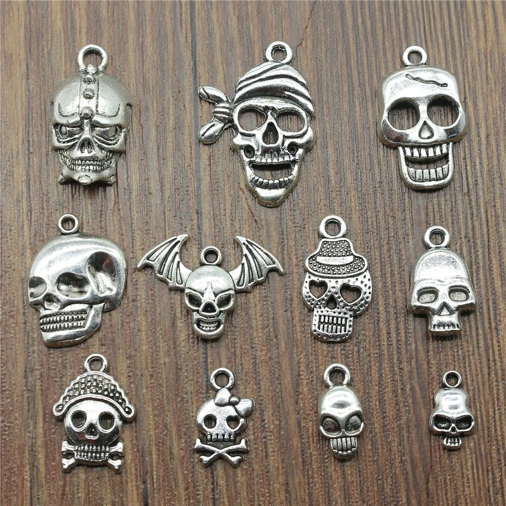 20pcs Skull Charms Antique Silver Color Cute Skull Charms Pendants For Bracelets Bat Skull Charms Making Jewelry