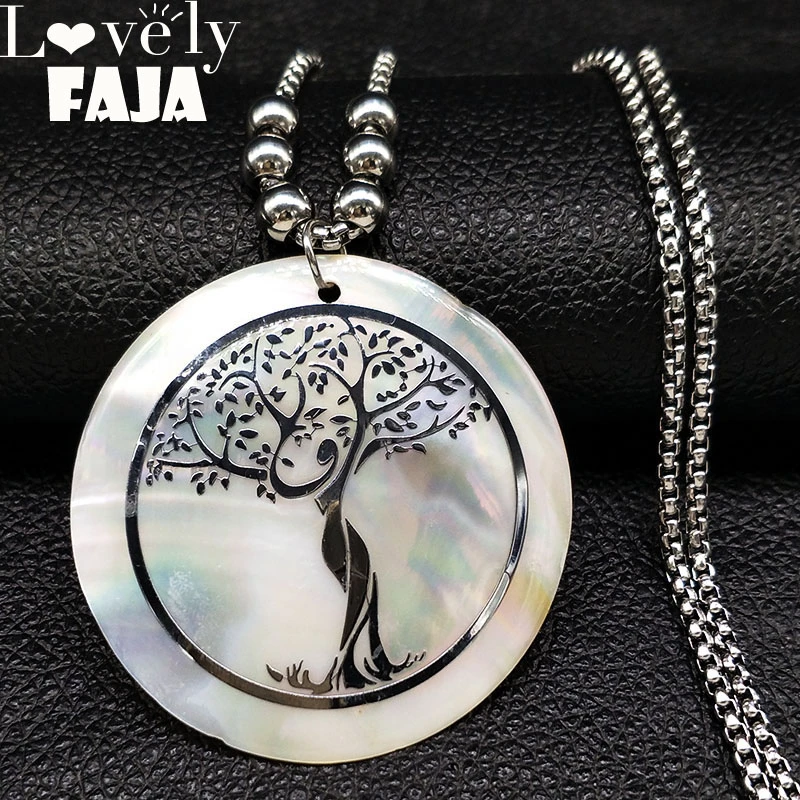 2021 Tree of life Shell Stainless Steel Necklace for Women Silver Color Long Necklaces Pendants Jewelry collar mujer N18421