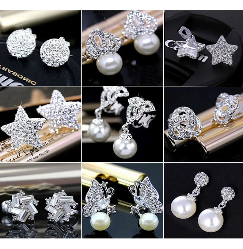 GRACE JUN New Simulated Pearl Rinestone Star Crown Butterfly Bowknot Clip on Earrings No Pierced for Girl's Charm Ear Clip Gift