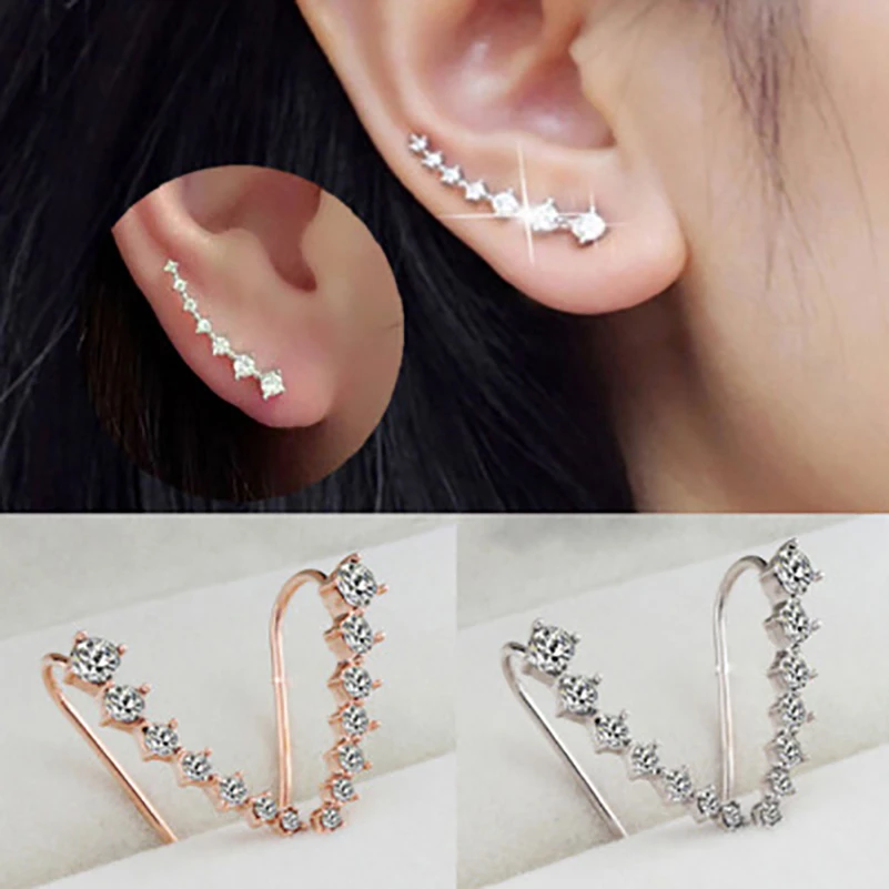 long Dipper Ear Hook Clip Earrings for Women Four-Prong Setting 7pcs CZ Rose Gold Color Fashion Jewelry E534 E548 E527