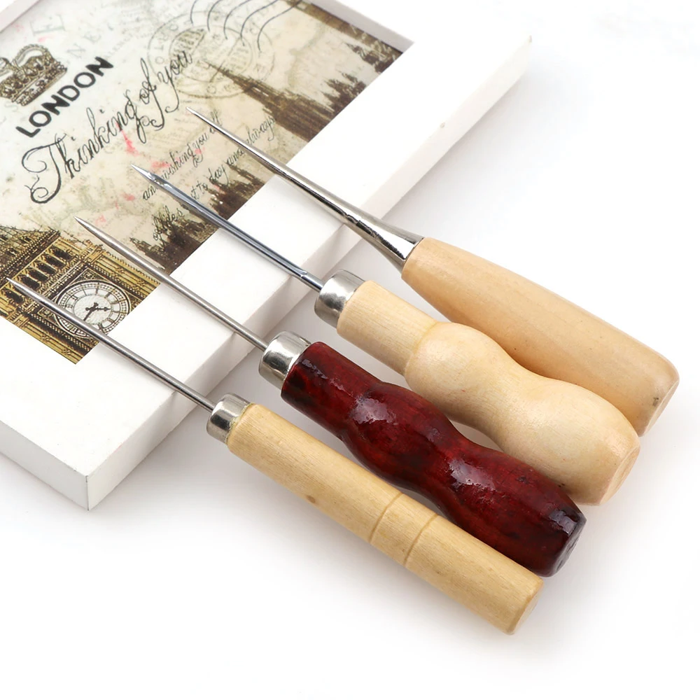 4Pcs/set 4 Styles Boxwood Redwood Gourd Canvas Leather Sewing Shoes Wood Handle Tool Awl Hand Stitching Taper Needle Tool Craft